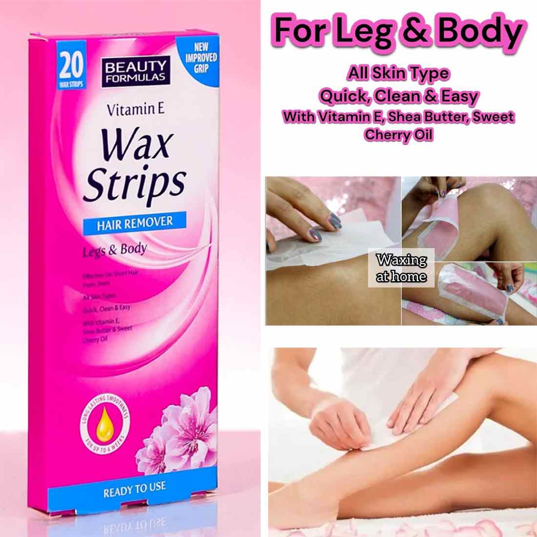 Picture of Beauty Formulas Vitamin E Wax Strips Hair Remover Legs & Body used for male/ female - 20 pcs