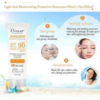 Picture of Disaar Sunscreen SPF 90 Instant Protection UVA UVB Foundation PA+++ Oil Free Sunblock Cover Protect Perfectly Moisturizing Coverage Surge 40g