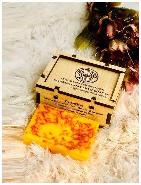 Picture of Super Saffron Goat Milk Cleanser Wooden Box with Kashmiri Beauty - (100gm)