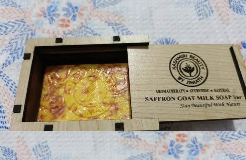 Picture of Super Saffron Goat Milk Cleanser Wooden Box with Kashmiri Beauty - (100gm)