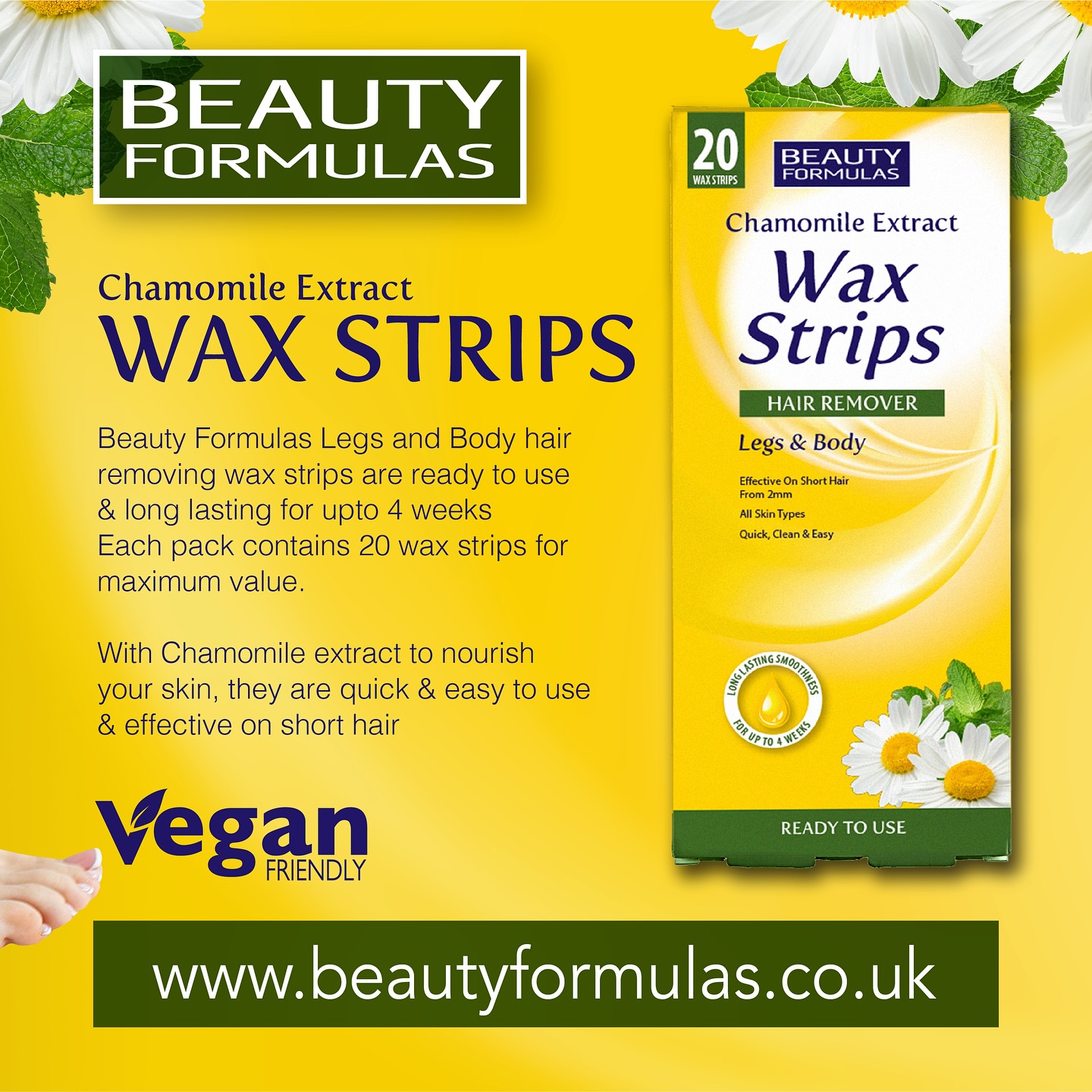 Picture of Beauty Formulas CHAMOMILE Wax Strips Hair Remover Legs & Body-20 STRIPS