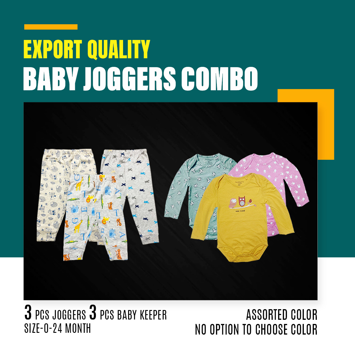 Picture of 3 PCS Full Sleeve Assorted Baby Romper & Joggers set
