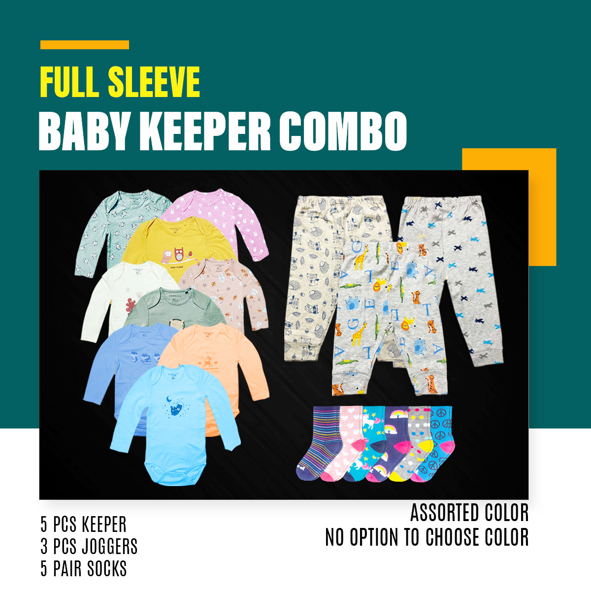 Picture of 5 PCS Full Sleeve Assorted Baby Romper 3 Pcs Joggers & 5 Pair Socks Set