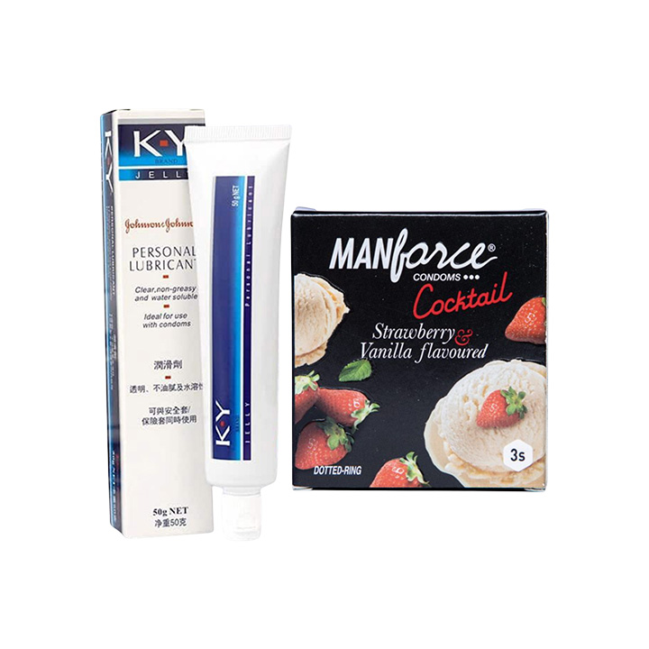 Picture of Condom & Lubricant Combo Pack - Manforce Cocktail Vanilla & Strawberry Condom Single Pack & J&J KY Jelly Personal Lubricant 50gm Pack