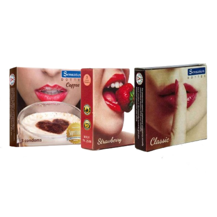 Picture of Sensation Mix - 3x3=9pcs-1 Pack Dotted Coffee Condom, 1 Pack Dotted Classic Condom & 1 Pack Super Dotted Strawberry Condom
