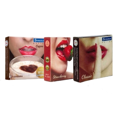 Picture of Sensation Mix - 3x3=9pcs-1 Pack Dotted Coffee Condom, 1 Pack Dotted Classic Condom & 1 Pack Super Dotted Strawberry Condom