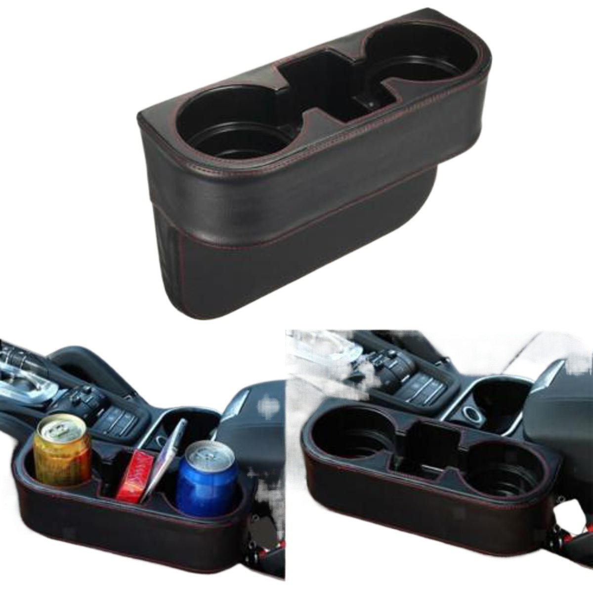 Picture of Black Microfiber PU Leather Car Seat Gap Inserted 2-cup Holder Drink Bottle Storage