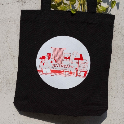 Picture of Sevendays Red Lines (Red & White) (Round) Black Canvas Tote Bag