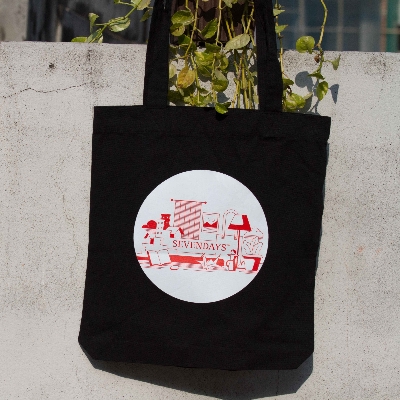 Picture of Sevendays Red Lines (Red & White) (Round) Black Canvas Tote Bag
