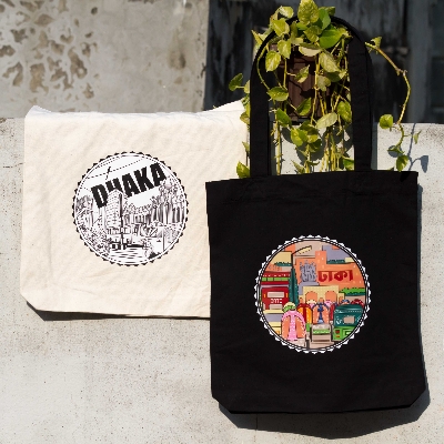 Picture of Sevendays Dhaka & Dhaka Line White (Round) Black & White Canvas Tote Bag 2-Pack