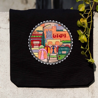 Picture of Sevendays Dhaka & Dhaka Line White (Round) Black & White Canvas Tote Bag 2-Pack