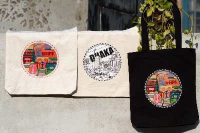 Picture of Sevendays Dhaka & Dhaka Line White (Round) Black & White Canvas Tote Bag 3-Pack