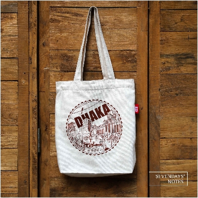 Picture of Sevendays Dhaka Line (Brown Print Round) White Canvas Tote Bag with Inside Pocket