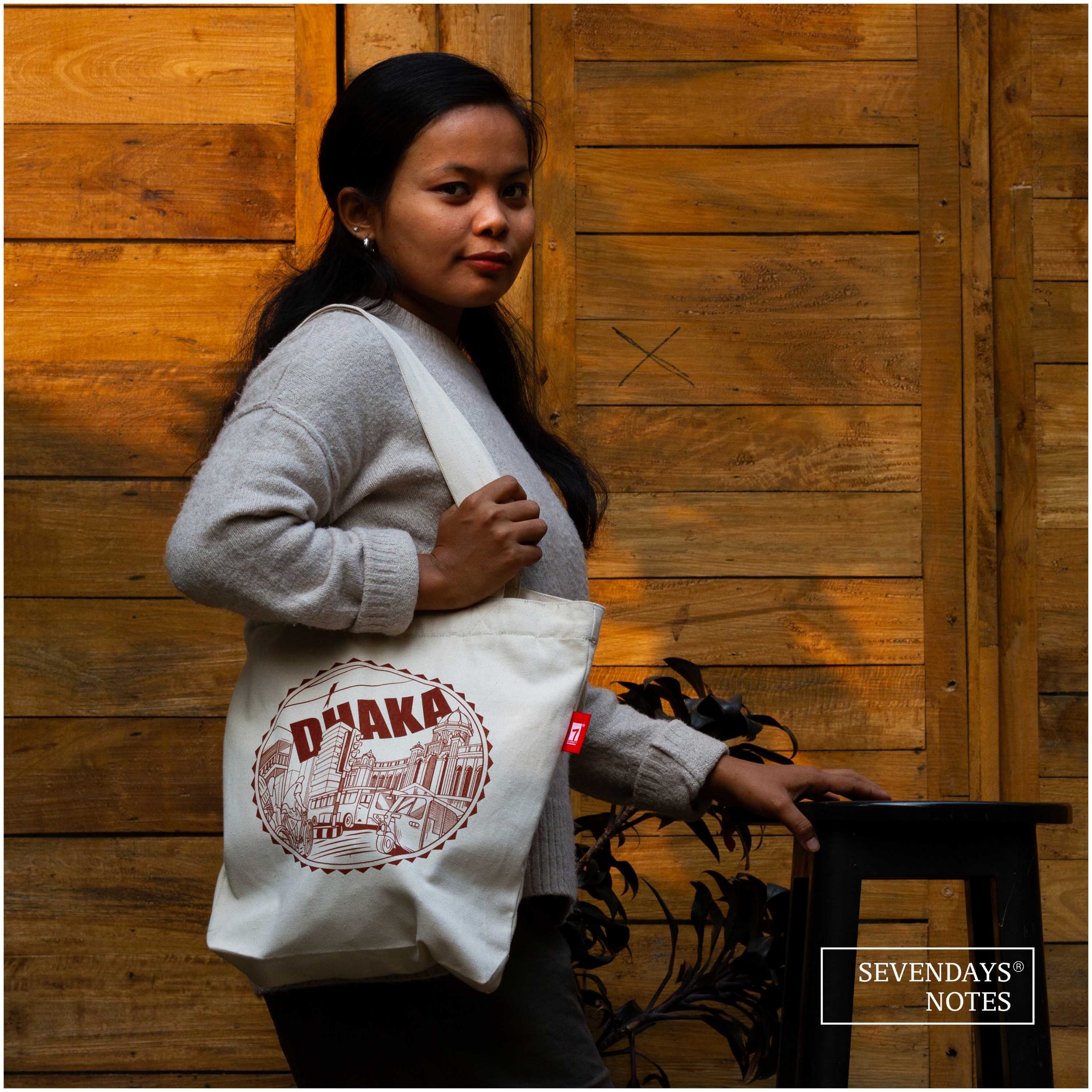 Picture of Sevendays Dhaka Line (Brown Print Round) White Canvas Tote Bag with Inside Pocket