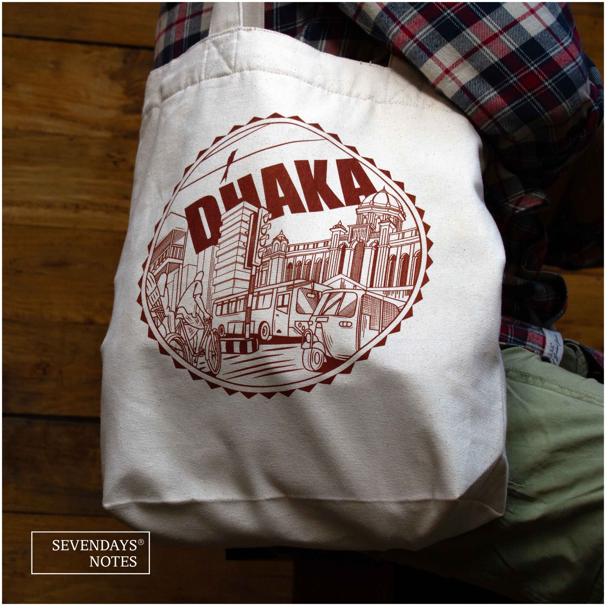 Picture of Sevendays Dhaka Line (Brown Print Round) White Canvas Tote Bag with Inside Pocket