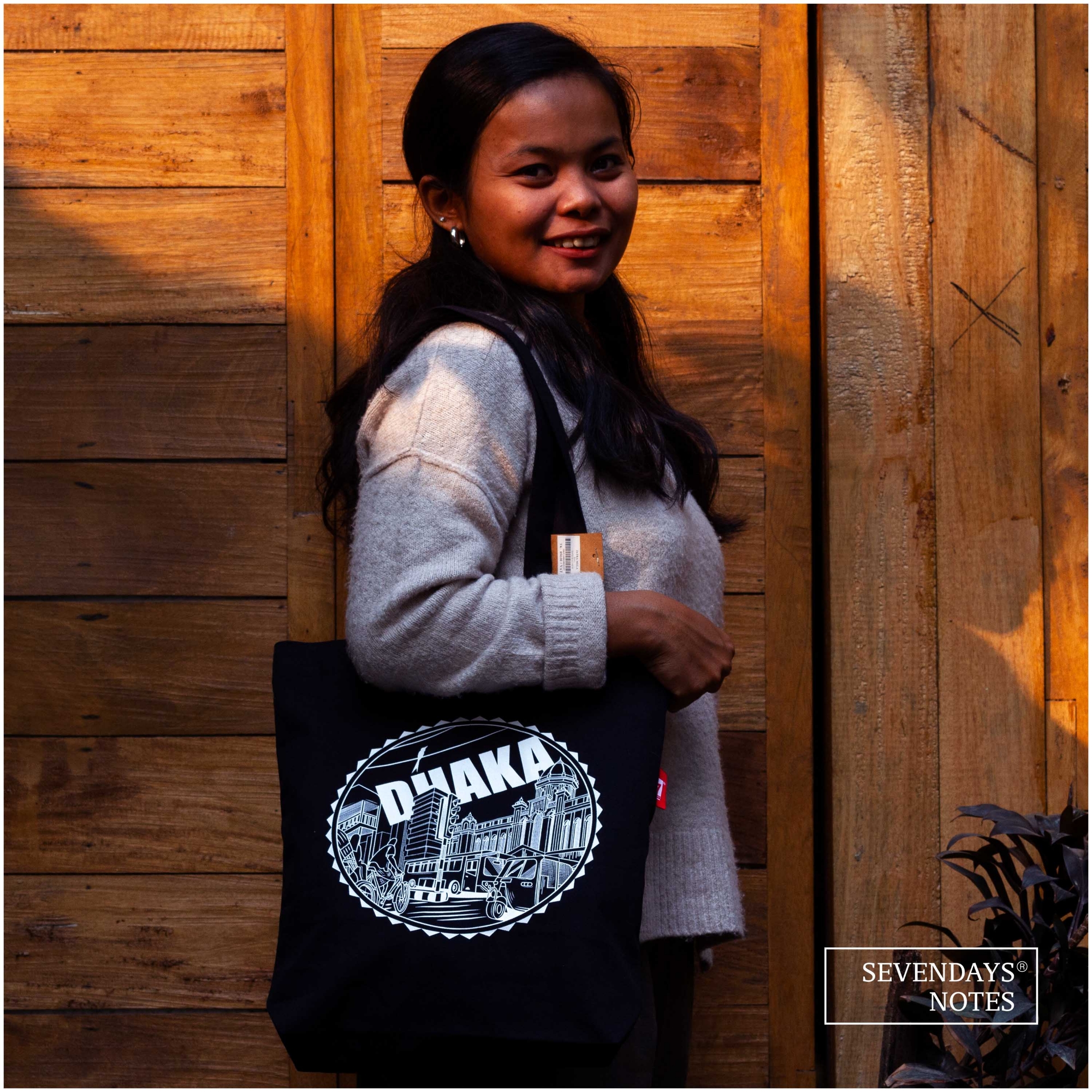 Picture of Sevendays Dhaka Line (Print Round) Black Canvas Tote Bag with Inside Pocket