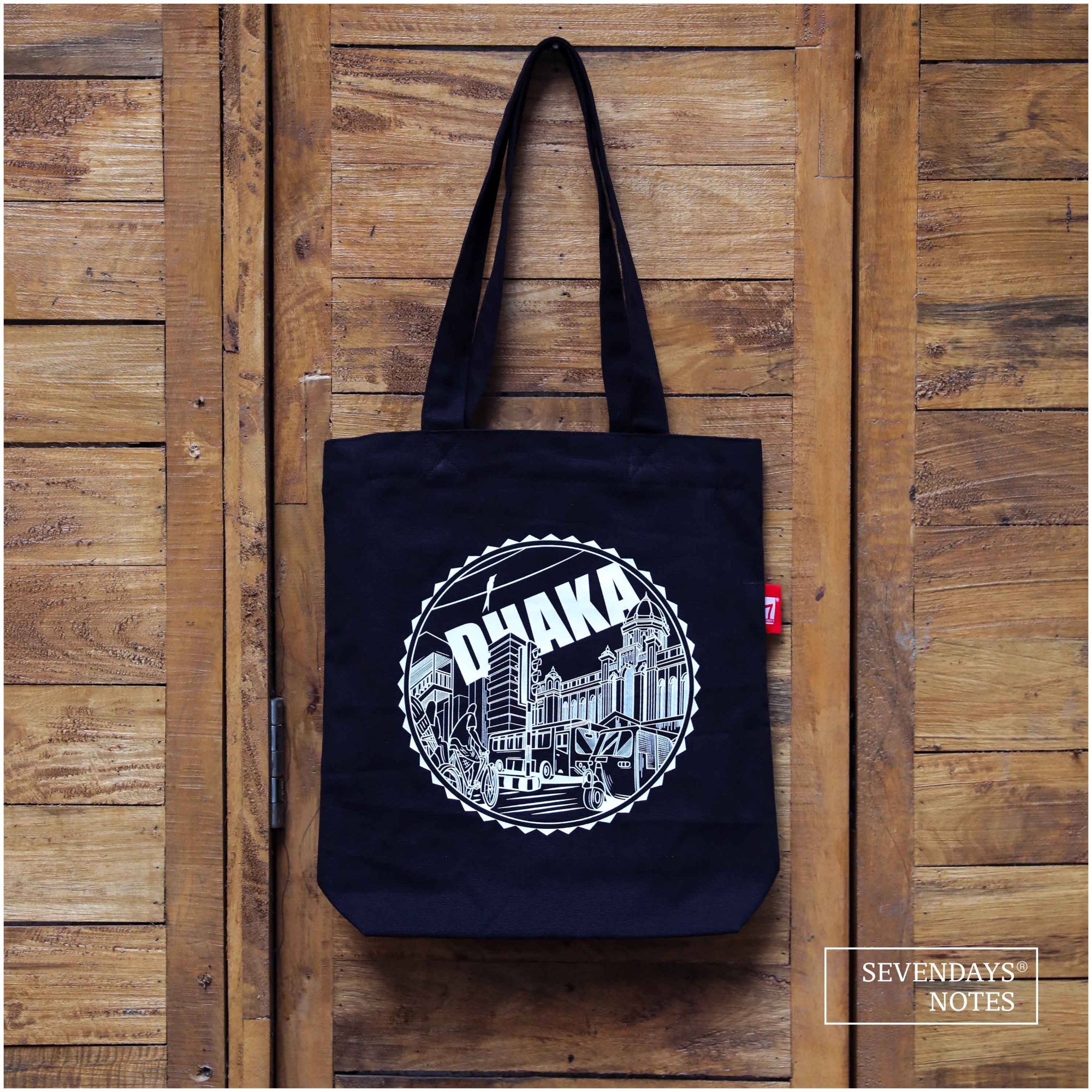 Picture of Sevendays Dhaka Line (Print Round) Black Canvas Tote Bag with Inside Pocket