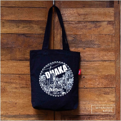 Picture of Sevendays Dhaka Line (Print Round) Black Canvas Tote Bag with Inside Pocket