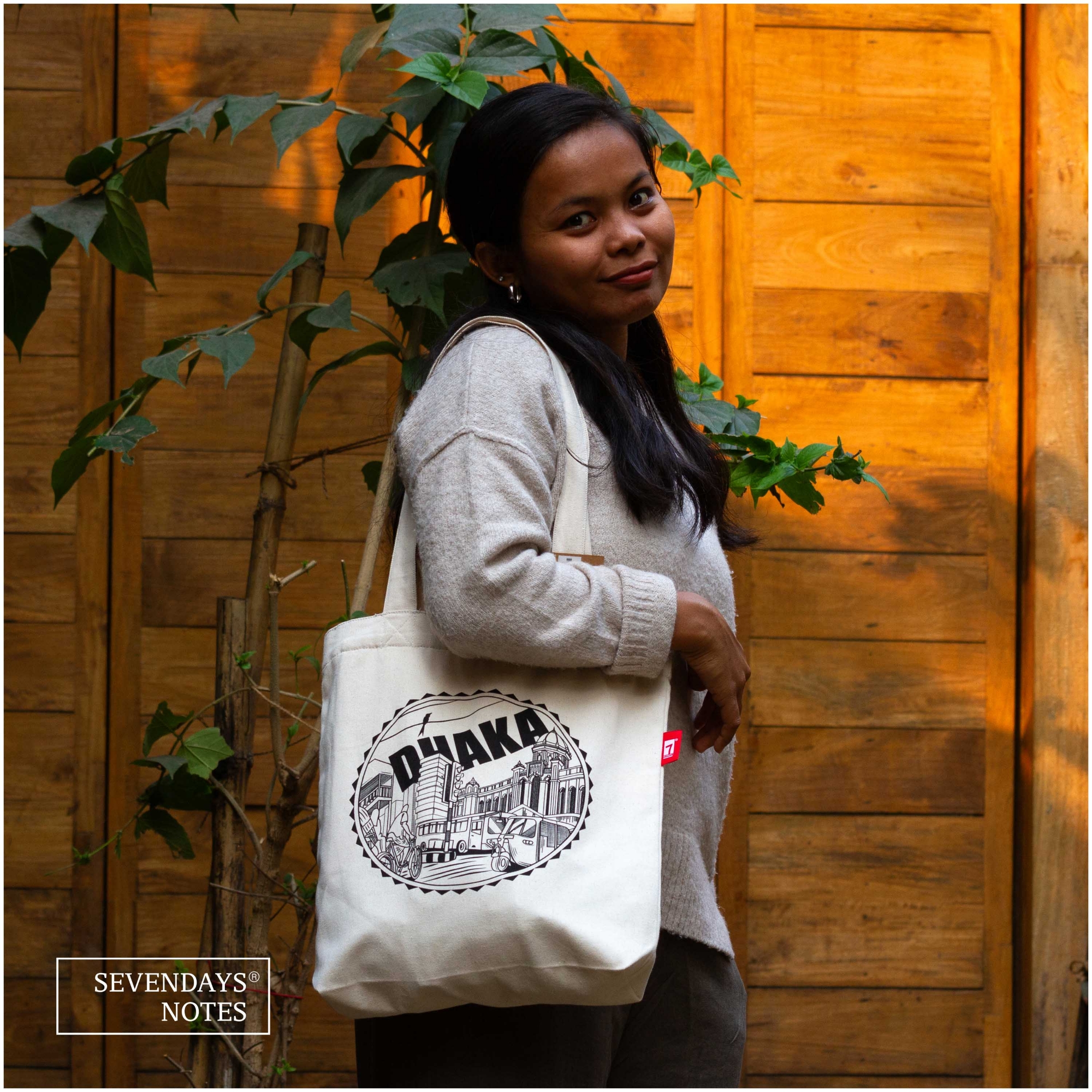 Picture of Sevendays Dhaka Line (Black Print Round) White Canvas Tote Bag with Inside Pocket