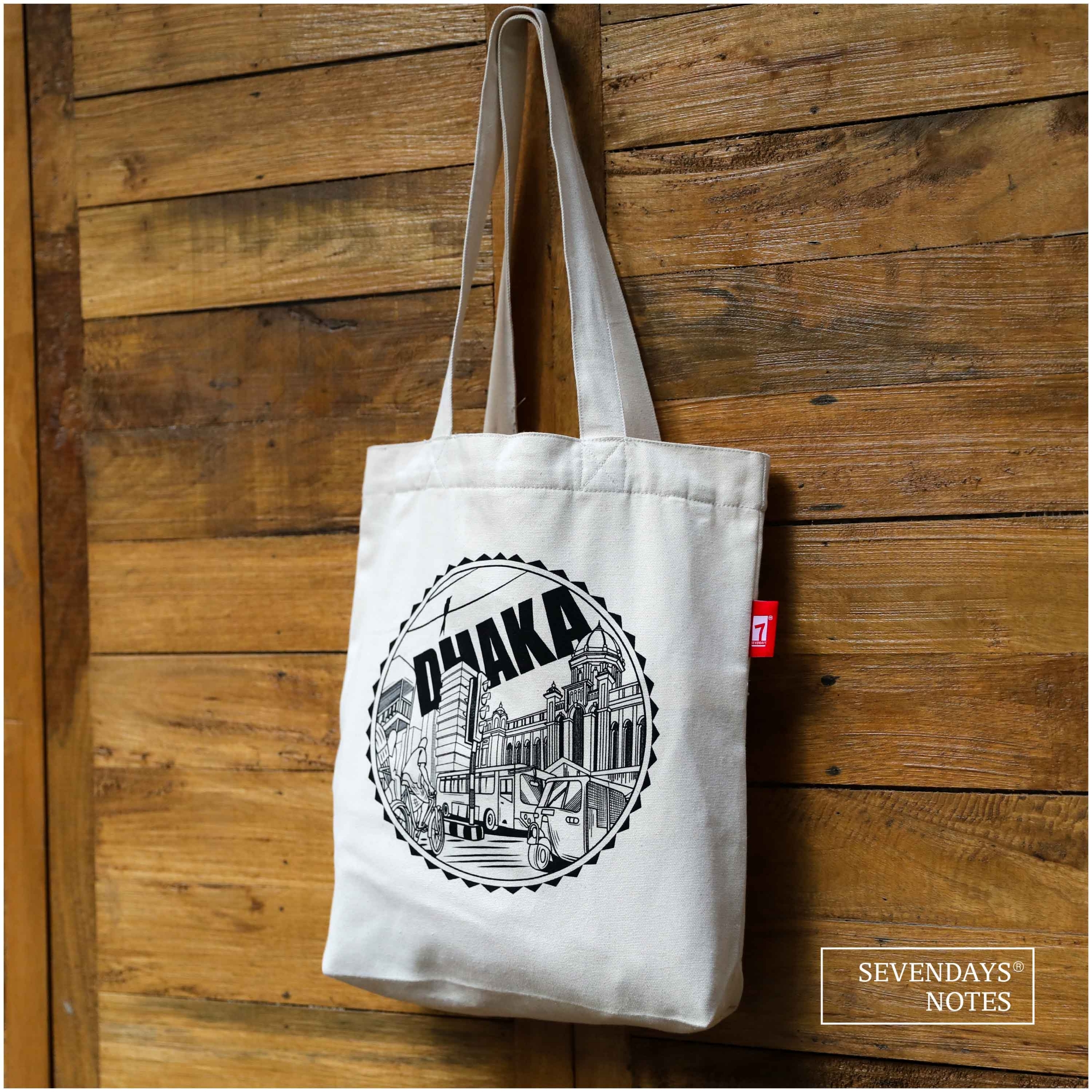 Picture of Sevendays Dhaka Line (Black Print Round) White Canvas Tote Bag with Inside Pocket