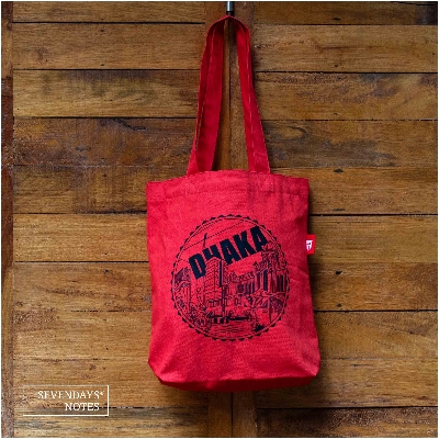 Picture of Sevendays Dhaka Line (Black Print Round) Orange Canvas Tote Bag with Inside Pocket