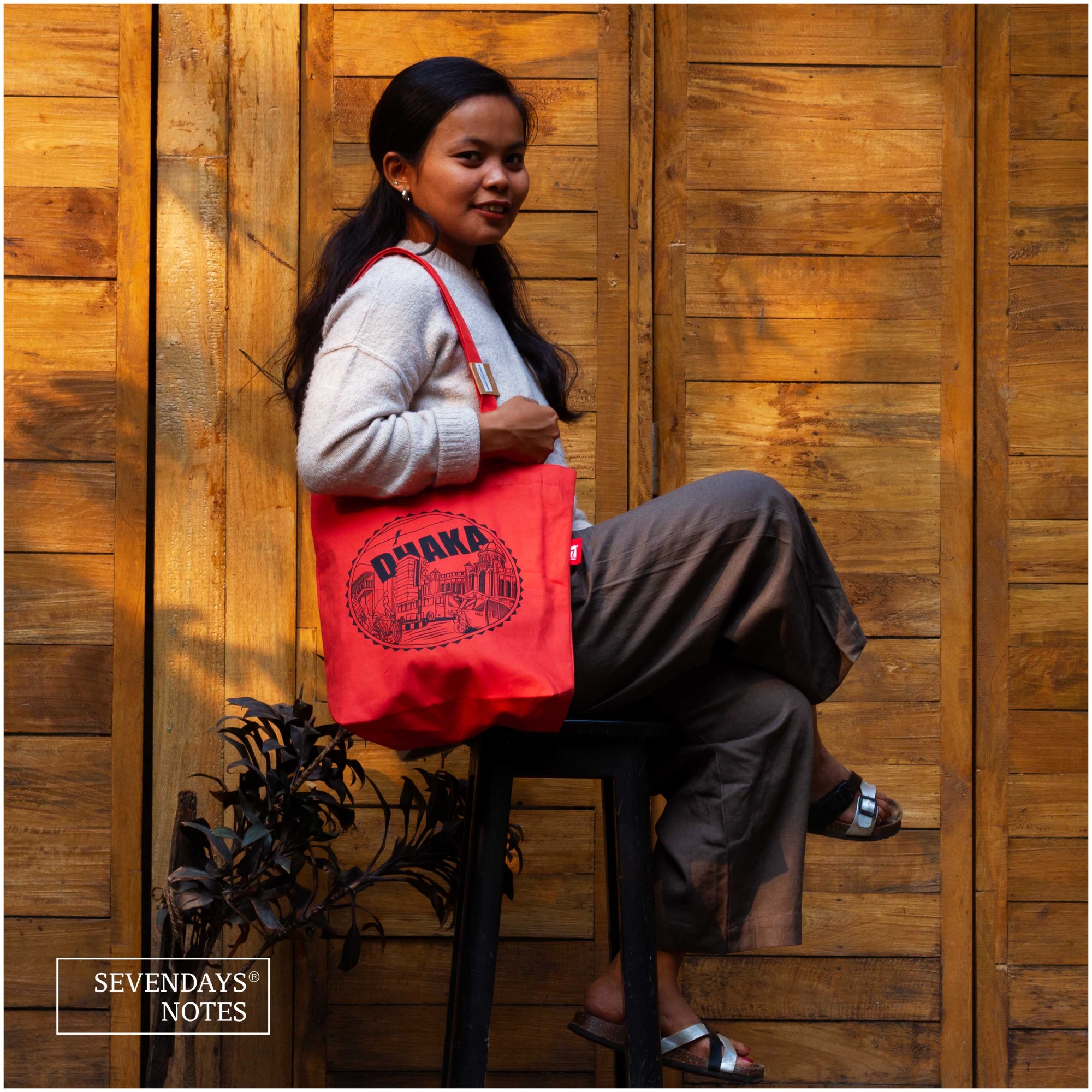 Picture of Sevendays Dhaka Line (Black Print Round) Orange Canvas Tote Bag with Inside Pocket