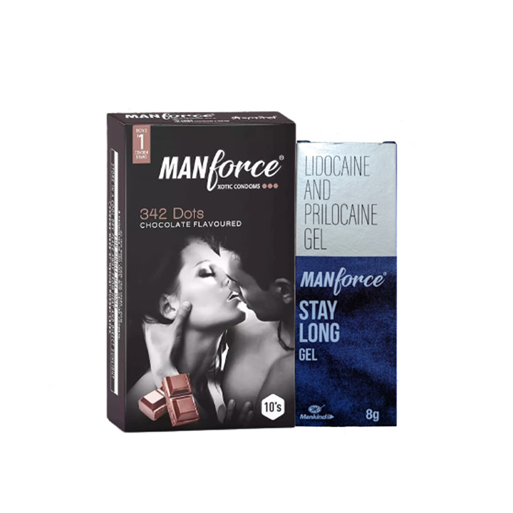 Picture of Manforce Stay Long Gel 8g & Xotic 342 Dots Chocolate Flavor Condom 10pcs | Manforce Condom & Lube Combo | Wedding & Honeymoon Combo