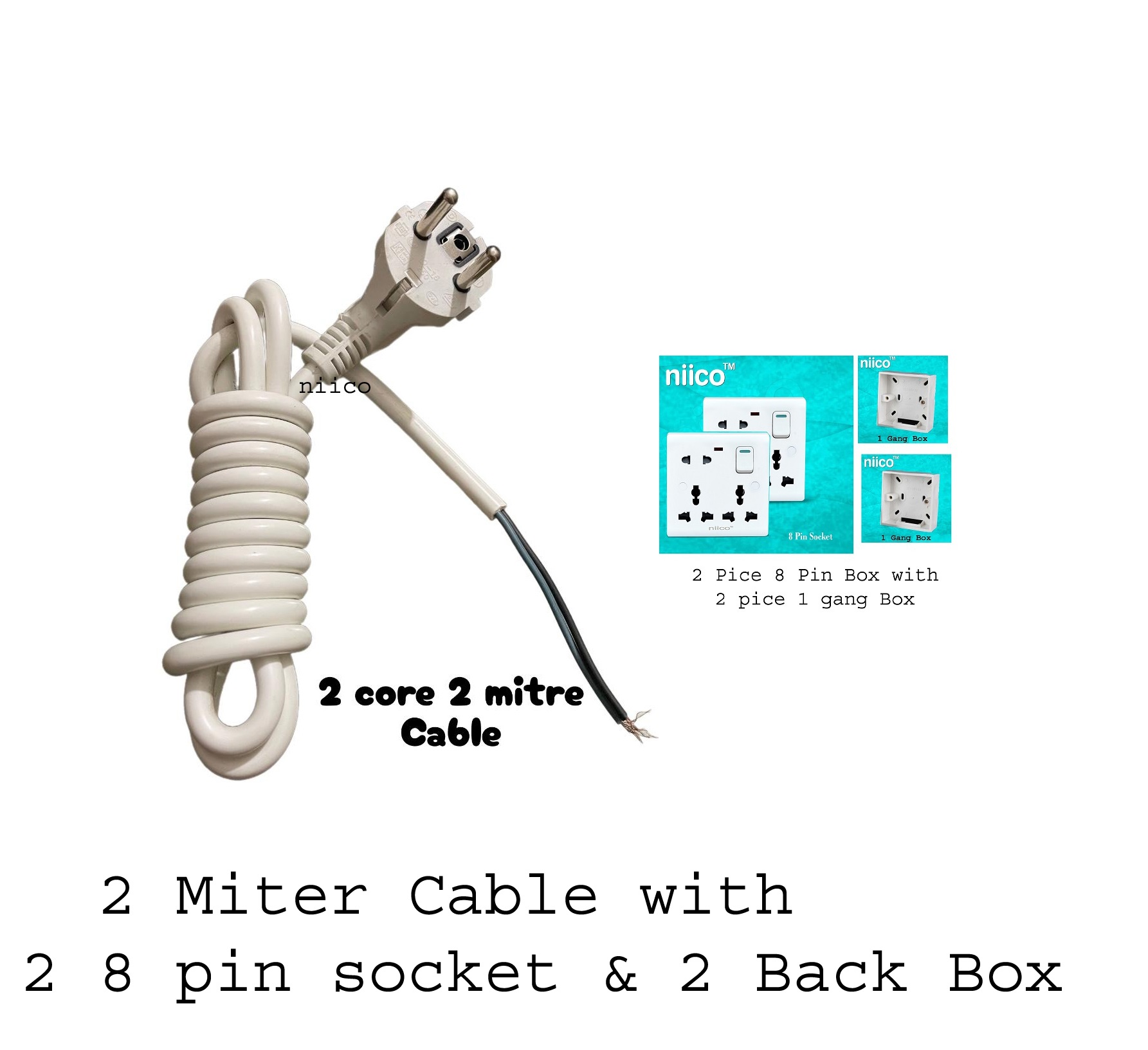Picture of Niico 2 miter 2 core cable + 2 piece 8 pin extension socket and 2 Gang MK Type   Box  - 7 fit Double Socket  Multiplug Making  Accessories  