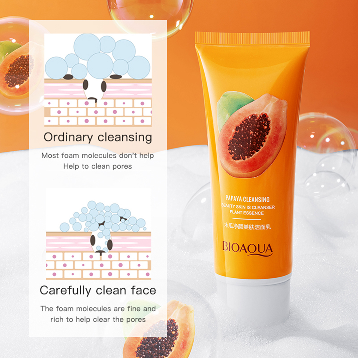 Picture of BIOAQUA skin care product papaya moisturizing shrink pore face wash foam facial cleanser for women and girl