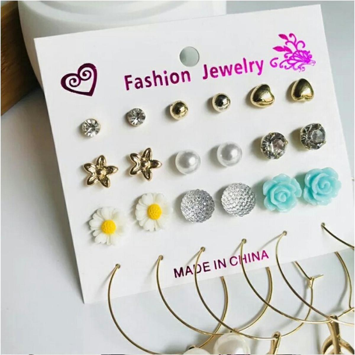 Picture of 12 Pairs/set Flower Love Pearls Small Stud Earring Set Stylish for women fashion