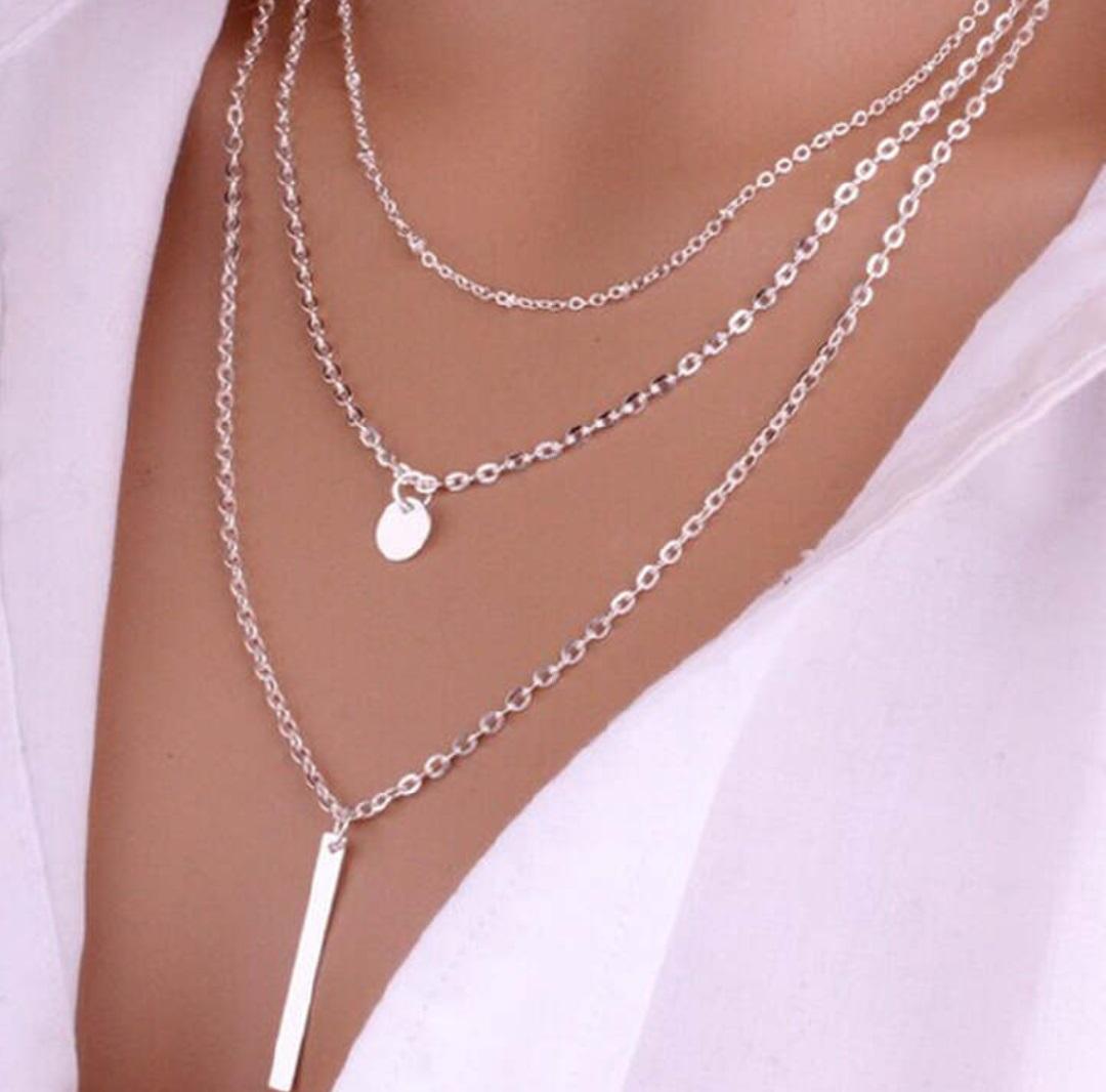Picture of 3 Layers Simple Sequins Bar Multilayer Chain Tassel Tiny Clavicle Necklaces For Women