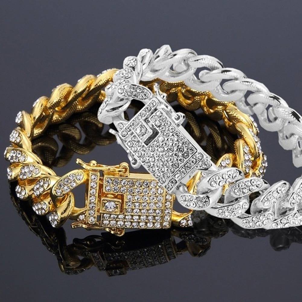 Picture of New Vintage Stylish Men Cuban Link Chain Bracelet Shiny Rhinestone Inlaid Bangle Bracelet Jewelry