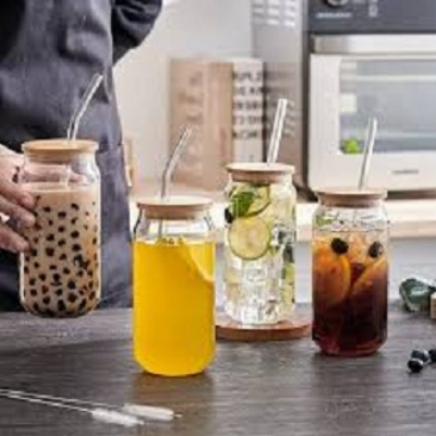 Picture of 400ml Glass Cup With Lid and Straw Transparent Bubble Tea Cup Juice Glass Beer Can Milk Mocha Cups Breakfast Mug Drinkware