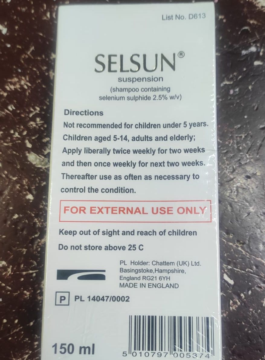 Picture of International UK Product Selsun Suspension shampoo containing selenium sulfide 2.5% w/v ketoconazole 1% -150ml