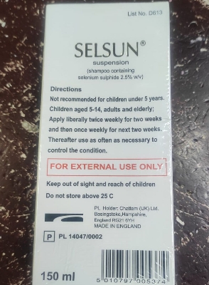 Picture of International UK Product Selsun Suspension shampoo containing selenium sulfide 2.5% w/v ketoconazole 1% -150ml