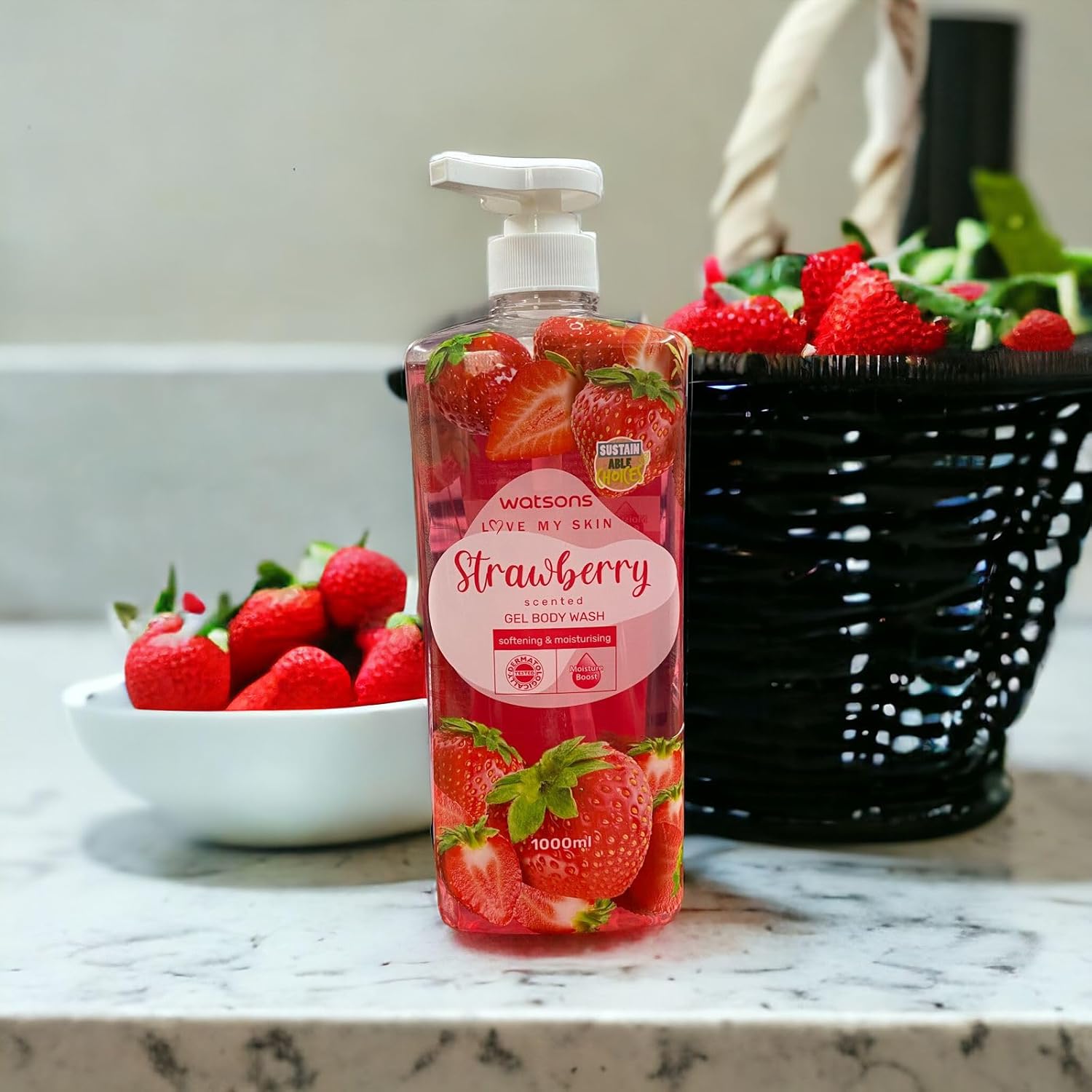 Picture of International Malisiya product Body wash Watsons STRAWBERRY Shower gel used for male/ female - 1000 ml