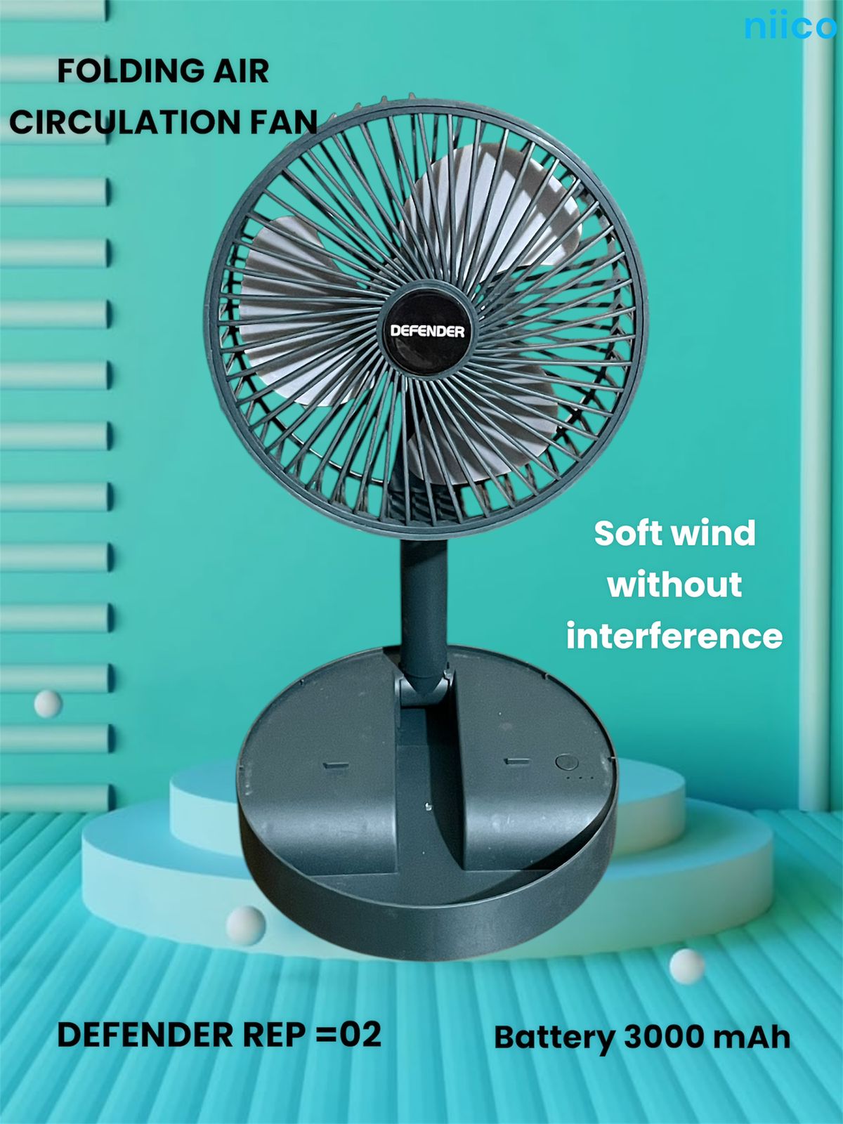 Picture of Rechargeable Air Circulation Durable Folding Fan Model: DEFENDER REP=02 -3000 Ampere Battery (5 Year Life Time)