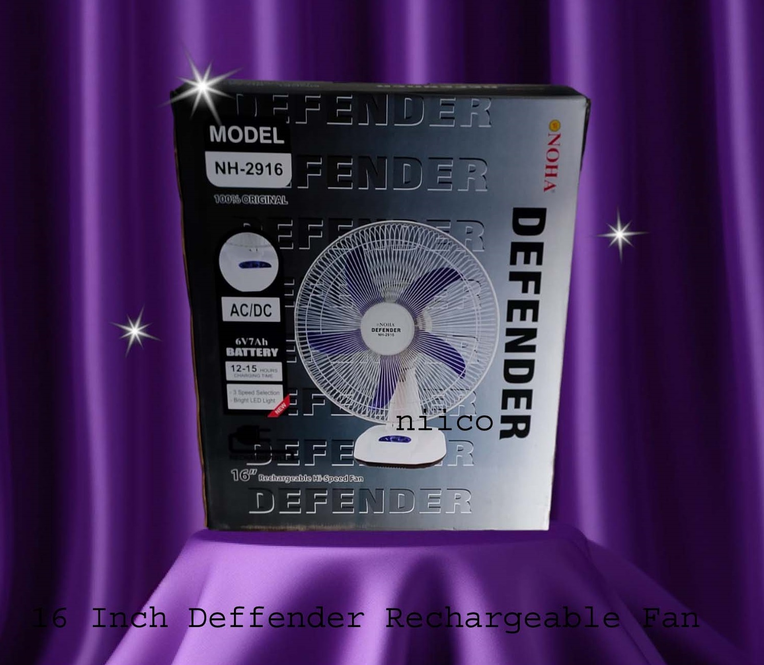 Picture of Ultimate Rechargeable Fan Defender Multi-Function 16" Fan Model NOHA-2916. Stay Cool and Comfortable Anywhere(20 Year Life Time )