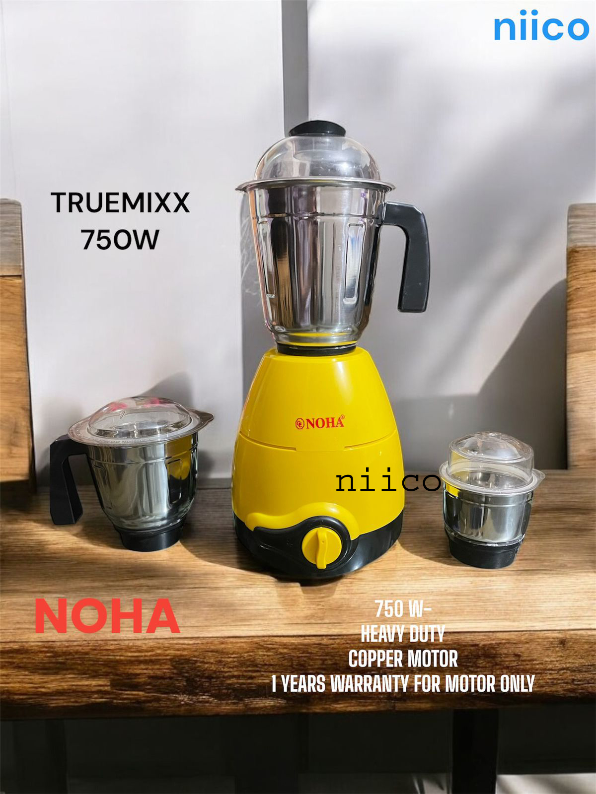 Picture of Noha Heavy Duty Mixer Blender 3 Stainless Steel Jar -750 Watt (1 Year Warranty) 3 Stainless Still Jar 100 Percent Cooper Mixer blender