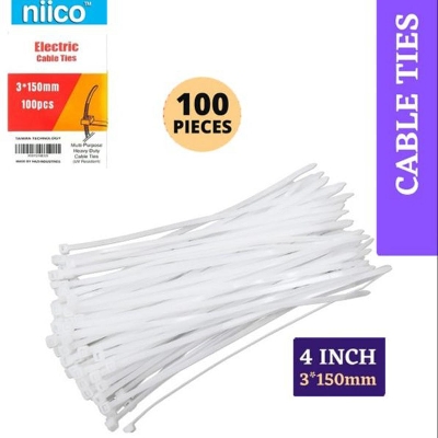 Picture of Cable Ties 4 Inch 3 X 150 mm White Color Durable Nylon Self-Locking Electric Zip Tie-100 PCS Packet(Bundle)
