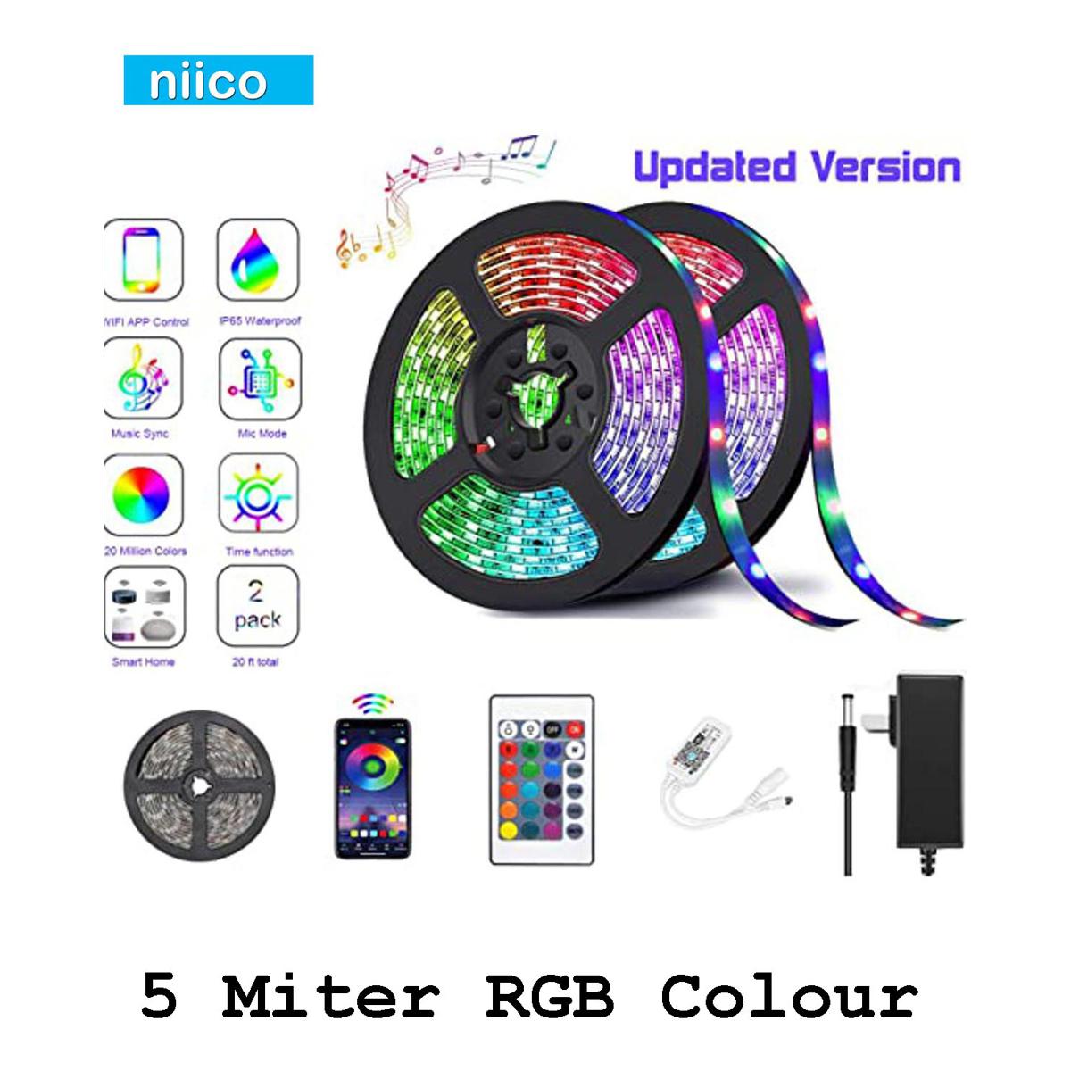 Picture of 12V Dc Led Strip Light with Remote (5 Meters) RGB Color Fairy Lights for Ceiling Decoration Lamp Tv/Pc Back Light Multi-Color - RGB Led Strip Light - RGB light- SMD 2835 & 5050-5 Miter(16 Feet)-Bundle Offer