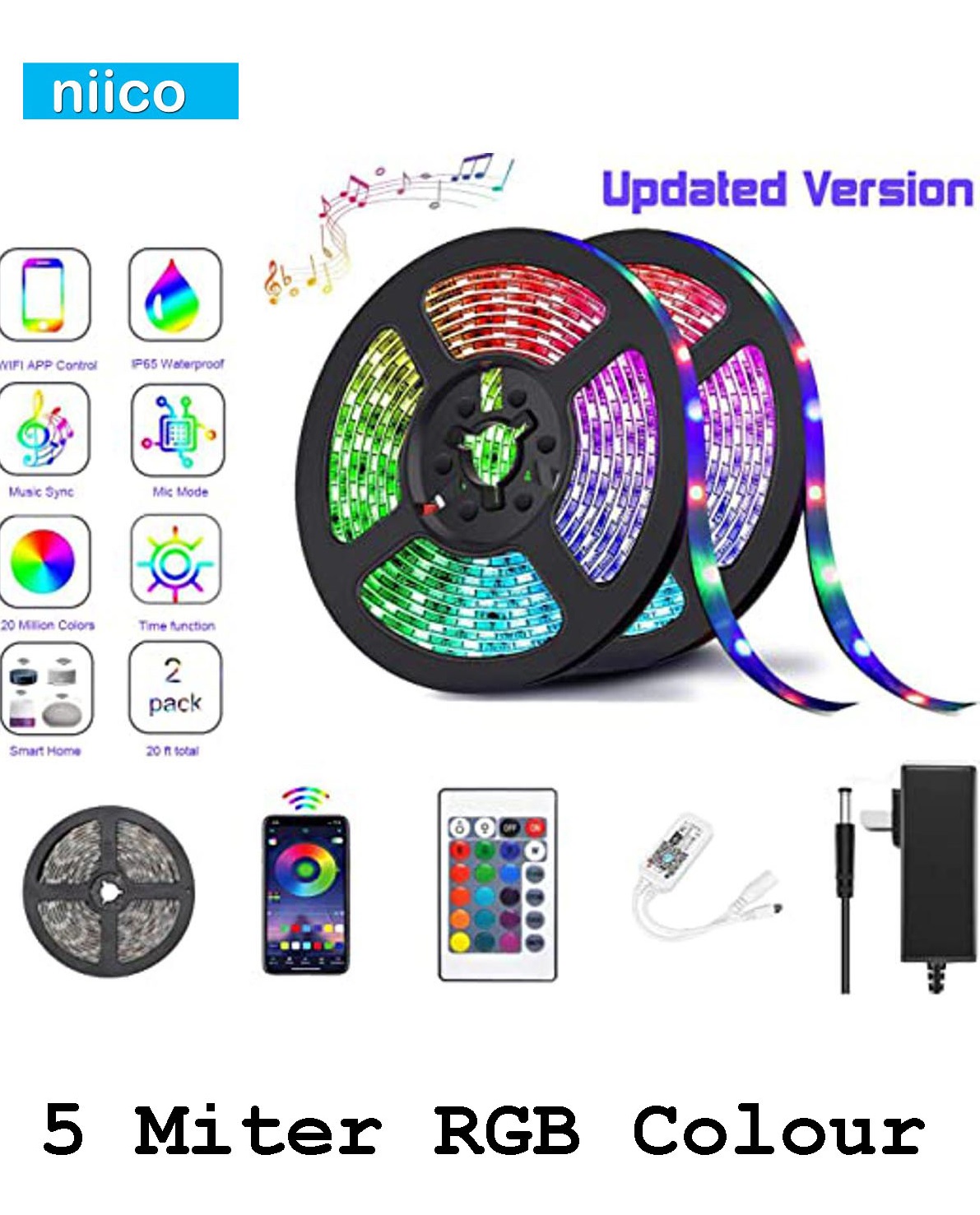 Picture of 12V Dc Led Strip Light with Remote (5 Meters) RGB Color Fairy Lights for Ceiling Decoration Lamp Tv/Pc Back Light Multi-Color - RGB Led Strip Light - RGB light- SMD 2835 & 5050-5 Miter(16 Feet)