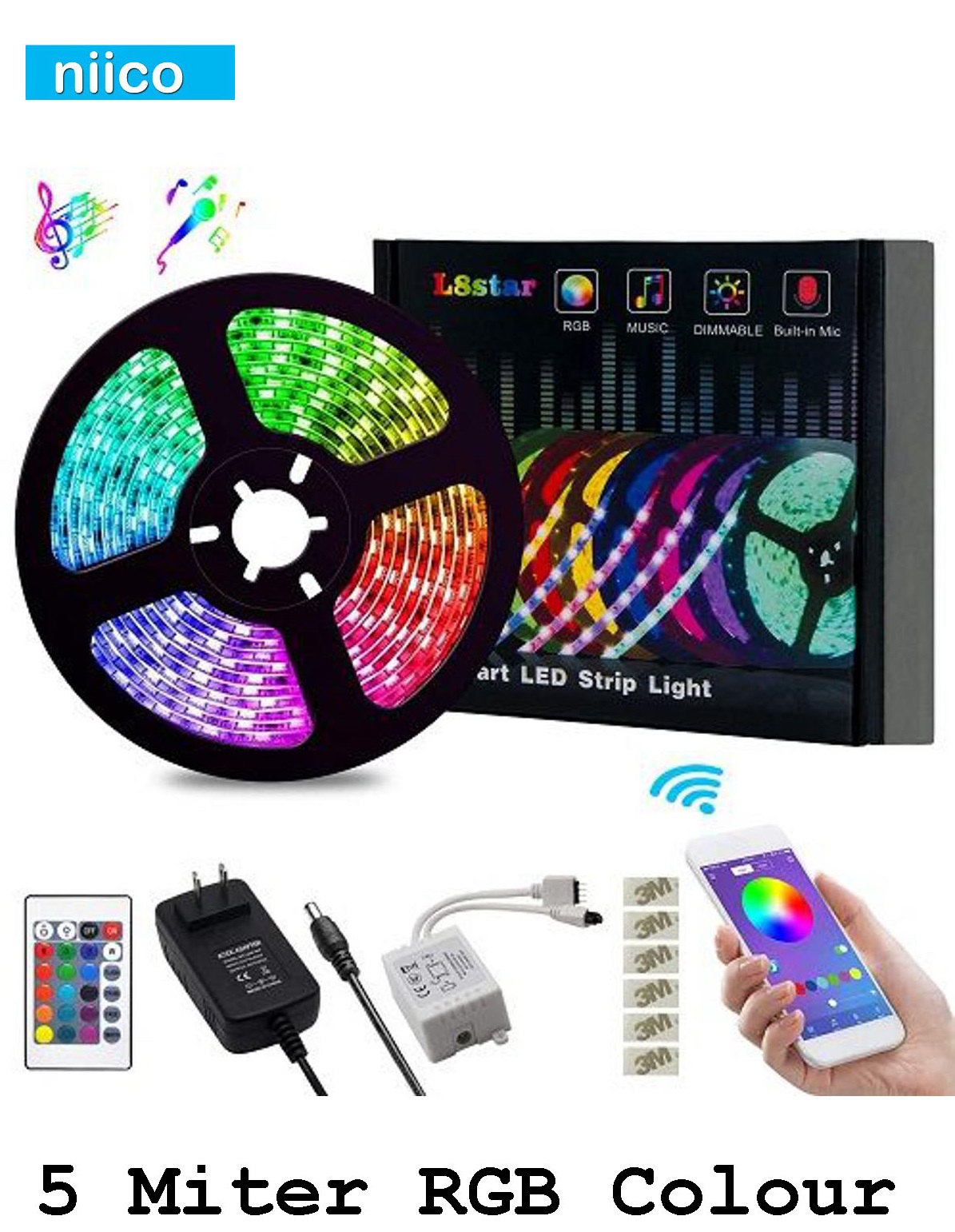 Picture of 12V Dc Led Strip Light with Remote (5 Meters) RGB Color Fairy Lights for Ceiling Decoration Lamp Tv/Pc Back Light Multi-Color - RGB Led Strip Light - RGB light- SMD 2835 & 5050-5 Miter(16 Feet)