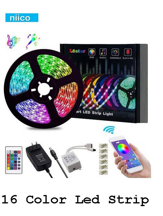 Picture of 16 Color Led Strip Light 12V Dc with Remote RGB Color Fairy Lights for Ceiling Decoration Lamp Tv/Pc Back Light Multi-Color - RGB Led Strip Light - RGB light- SMD  5050-5 Miter (16 Feet)-Bundle Offer