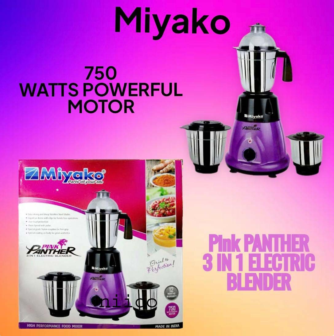 Picture of Miyako 750 WATTS POWERFUL MOTOR Pink PANTHER 3 IN 1 ELECTRIC Heavy Duty Mixer Blender 3 Stainless Steel Jar 100 Percent Cooper Blender: (1 Year Warranty)