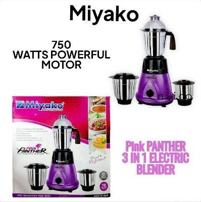 Picture of Miyako 750 WATTS POWERFUL MOTOR Pink PANTHER 3 IN 1 ELECTRIC Heavy Duty Mixer Blender 3 Stainless Steel Jar 100 Percent Cooper Blender: (1 Year Warranty)