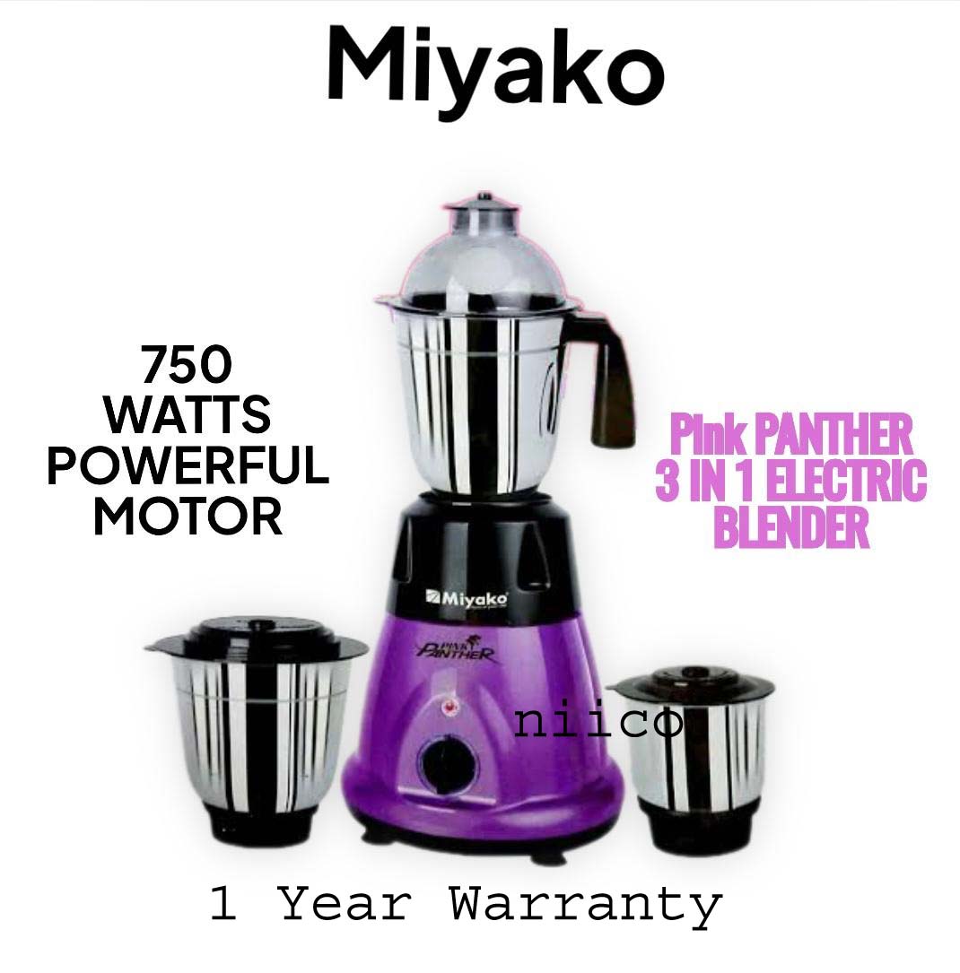 Picture of Miyako 750 WATTS POWERFUL MOTOR Pink PANTHER 3 IN 1 ELECTRIC Heavy Duty Mixer Blender 3 Stainless Steel Jar 100 Percent Cooper Blender: (1 Year Warranty)