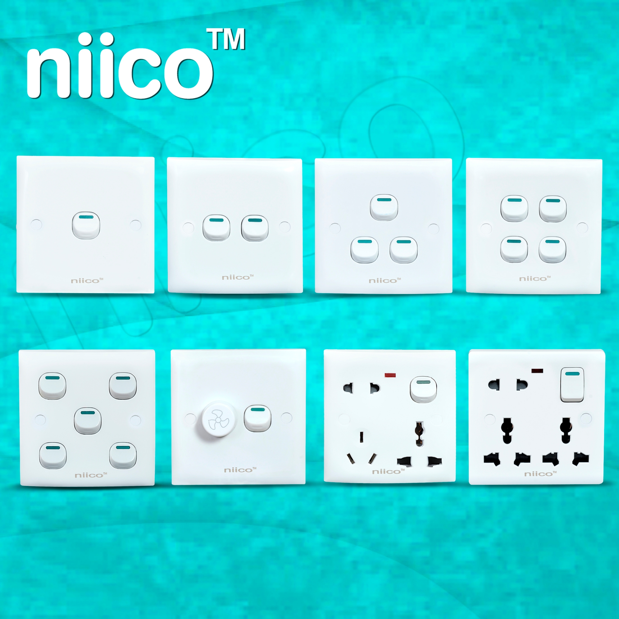 Picture of Niico Classic Gang Series 8 Pices-1gang + 2 Gang + 3 Gang + 4 Gang + 5 Gang + Fan Regulator+ 6 pin + 8 Pin Wall Switch Socket - 2 Year Warranty