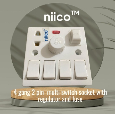 Picture of NIICO 4 Gang switch + Fan Regulator+ 2 Pin socket + Fuse Multifunction Socket Wall Switch Model-055( 1 Year Warranty)