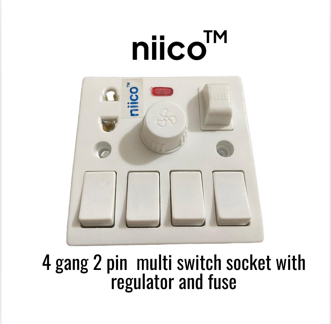 Picture of NIICO 4 Gang switch + Fan Regulator+ 2 Pin socket + Fuse Multifunction Socket Wall Switch Model-055( 1 Year Warranty)